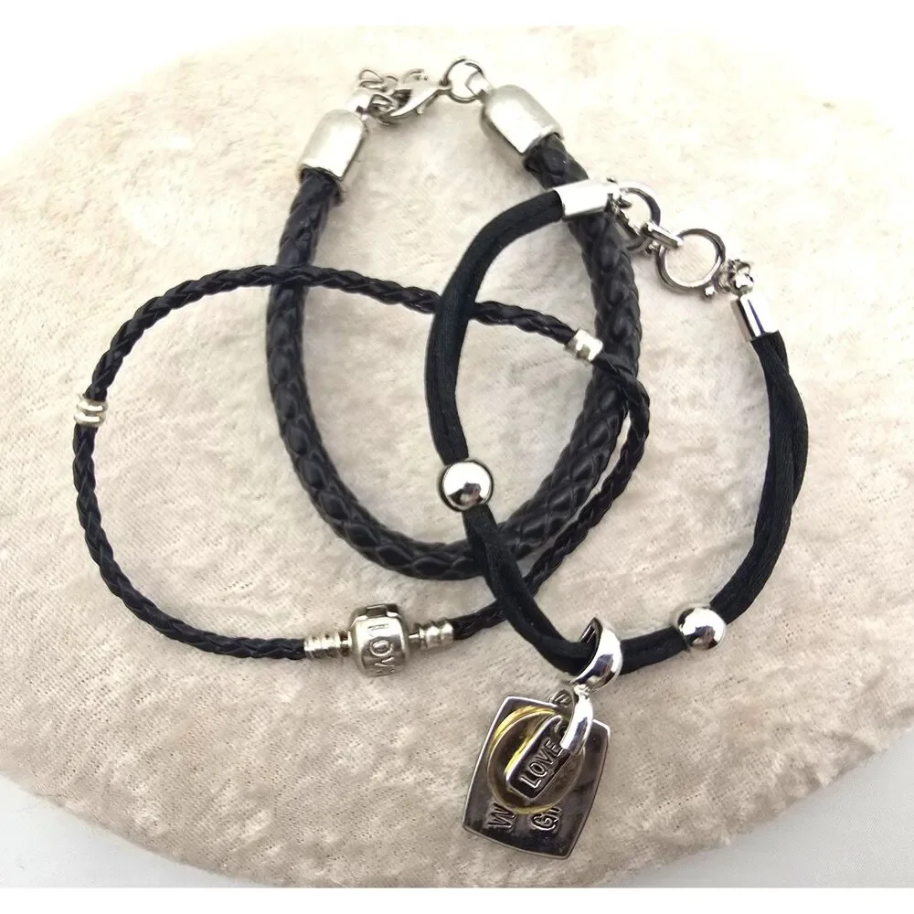 Black & Silver Tone Bracelet Lot of 3 Woven Cord Modern Leather Look